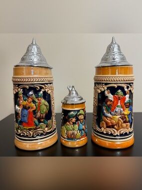 Set of 3 Vintage Small Mini Gerz? Beer Steins West Germany 4” 7” with Lids
